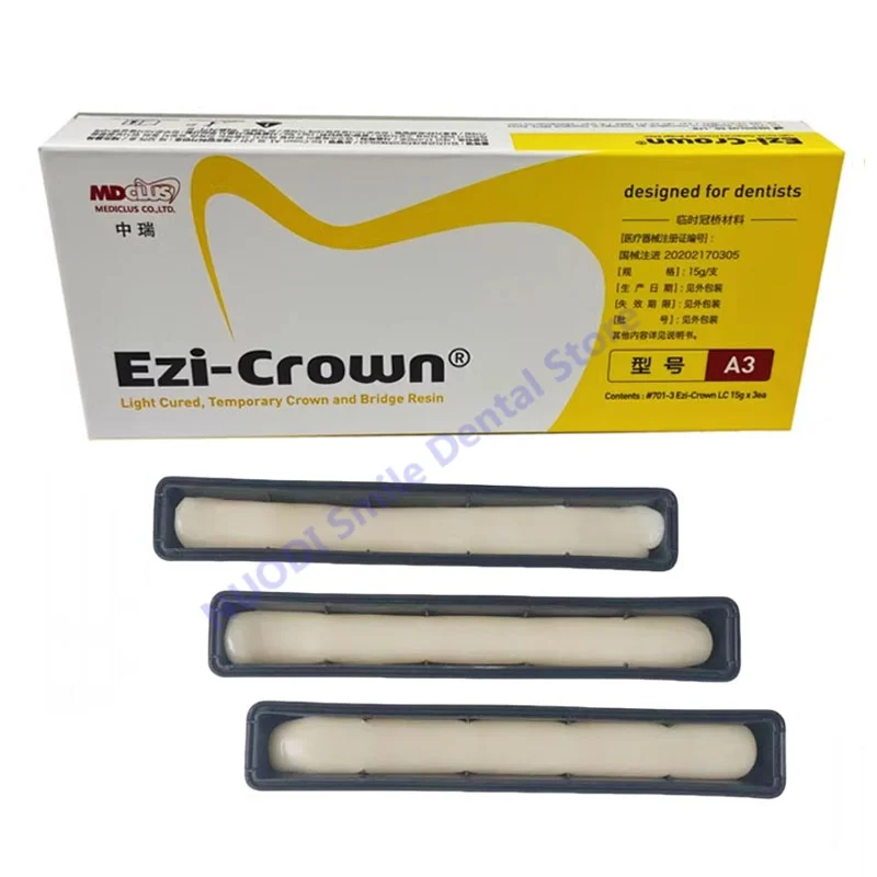 3Pcs/Box Ezi Crown Dental Light Cured Temporary Crown and Bridge Resin Material A1 A2 A3 Shade Casting Wax Light Curing Material