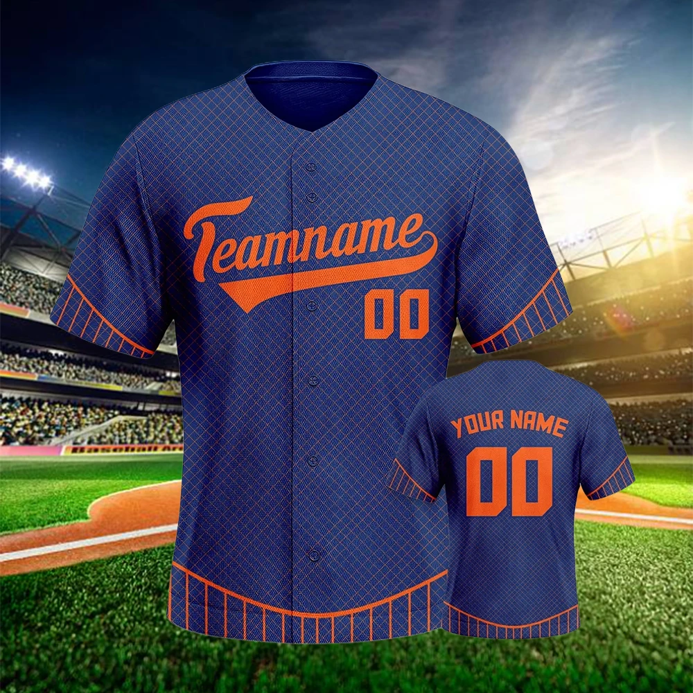 Custom Baseball Jersey Navy Orange Personalized Printed Name Number Button Down Uniform Men Women Youth Kids Team Shirt