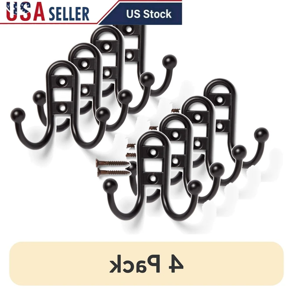 

4 Pack Double Hook Bronze Metal Coat Hooks Heavy Duty Wall Mounted Storage Towels Jackets Bags Keys 10 lbs Capacity