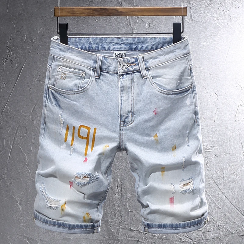 Jean Déchiré Slim Fit pour Homme, Short en Denim, Imprimé, Peint, Hip Hop, Rétro, Bleu Clair, Créateur de Mode