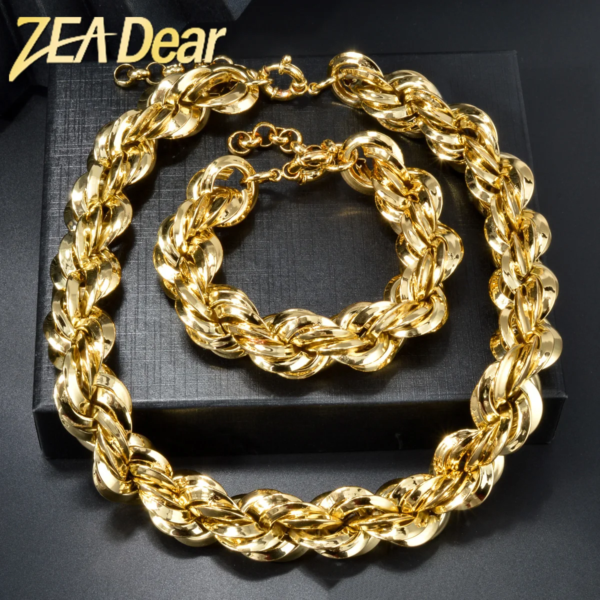 1 Set Large Chunky Twist Chains Necklace Bracelet Gold Color CCB Link Short Choker For Women Men Hip Hop Rock Party Jewelry Gift