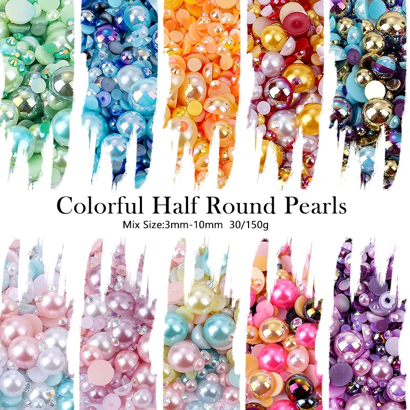 

30g Mix Size ABS Imitation Pearls Resin Rhinestones For Crafts Round Flatback Beads AB Color Nail DIY Decoration Bulk Wholesale