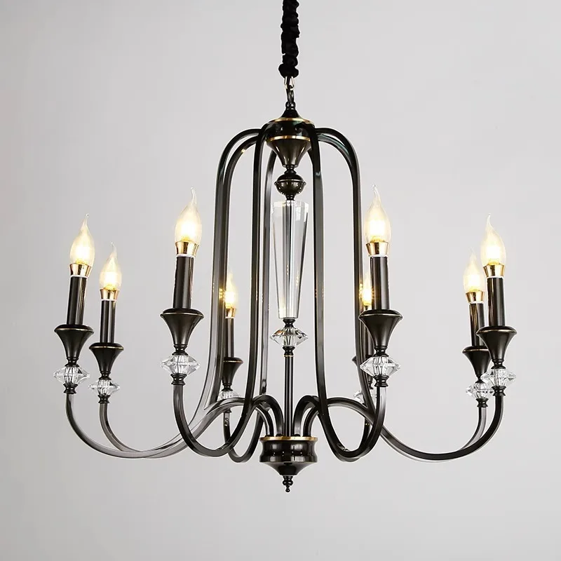 French retro living room chandelier American staircase medieval black dining room bedroom light Nanyang wind candle crystal lamp