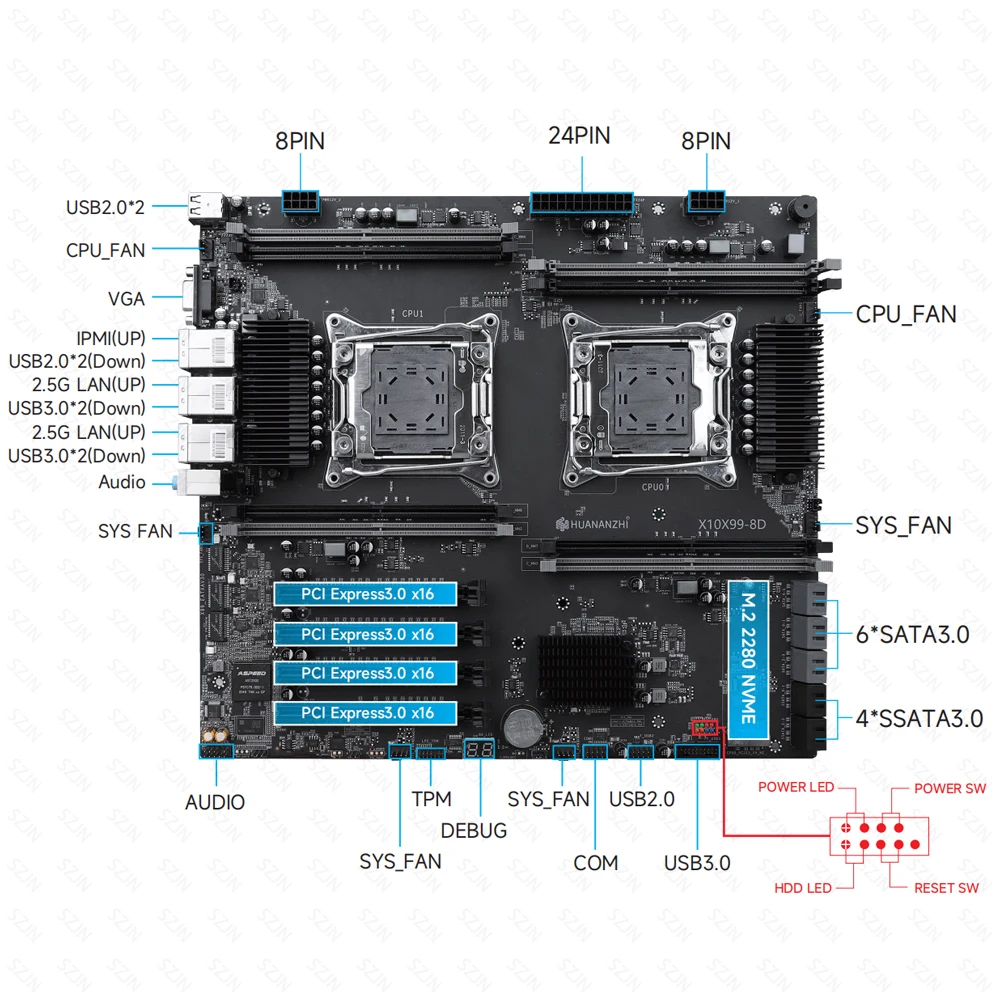 مجموعة خادم وحدة المعالجة المركزية المزدوجة للوحة الأم IPMI X99 مع E5 V3 V4 DDR4 64-512GB 2400MHz تدعم 2*2.5G LAN 3*PCIE3.0X16 10*SATA3.0 #5