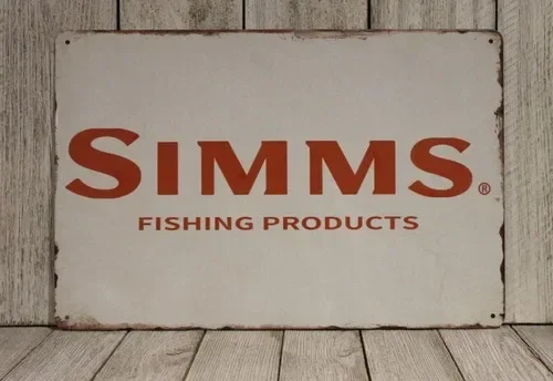 Simms Blechschild im Vintage-Look für Fliegenfischen, Angelruten, Rollen und Fische