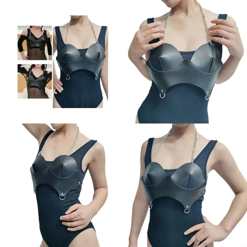 

L5YC Fashion Balconette Underwire Bra Removable Straps Back Buckle Opening Soft PU Leather Cosplay Nightclub Party Wear