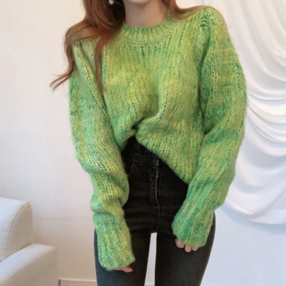 Korean New Arrival Fashion Women Knitted Loose Pullovers Spring Autumn Green Hit Color Mohair Soft Warm Thick Sweater Jumper