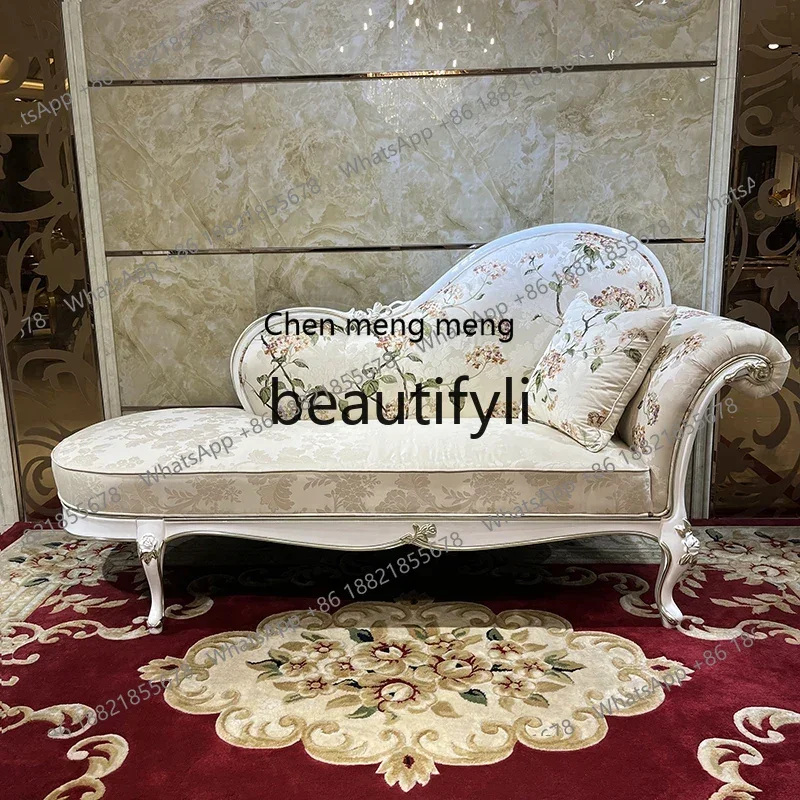 

French fabric embroidery chaise longue bedroom neoclassical solid wood recliner lazy chair2936