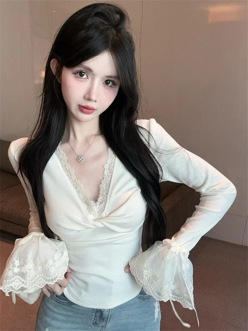 Langarm-T-Shirts für Damen, Frühling, Sommer, sonnenbeständig, schlankmachend, Academia-Stil, Patchwork, O-Kragen, feminin, plissiert, solide