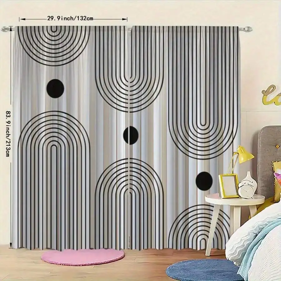 2pcs Geometric Abstract Black And White Pattern Polyester Rod Pocket Blackout Curtains Modern Style