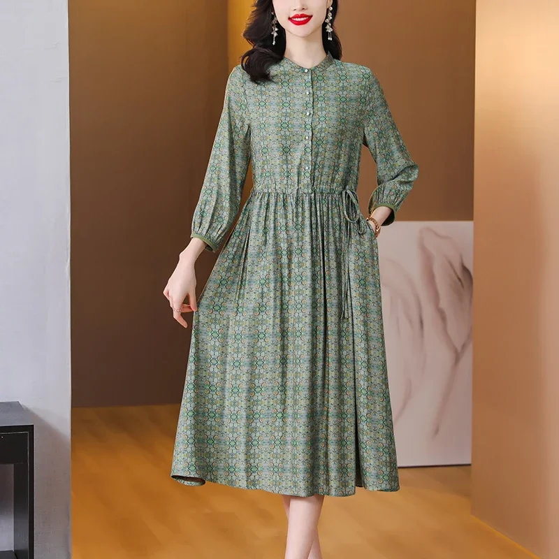 Vestido Midi plisado de seda azul con borlas para mujer, vestido informal de manga larga con cuello con volantes, vestido elegante coreano 2025