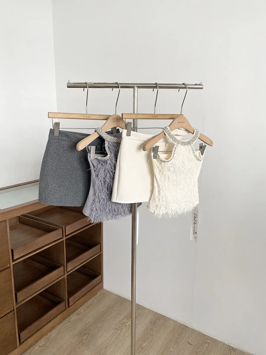 

Spring 2026 Sexy Fashionable Pure Color Woolen Vest Neck Hanging Women's High Waist Skirt Set Short Length Slim Fit Style