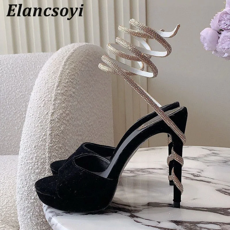 Bling Crystal Super High Heels Sandals Women Suede Snake Shaped Winding Banquet Shoes Summer Sexy Stiletto Platform Sandalias
