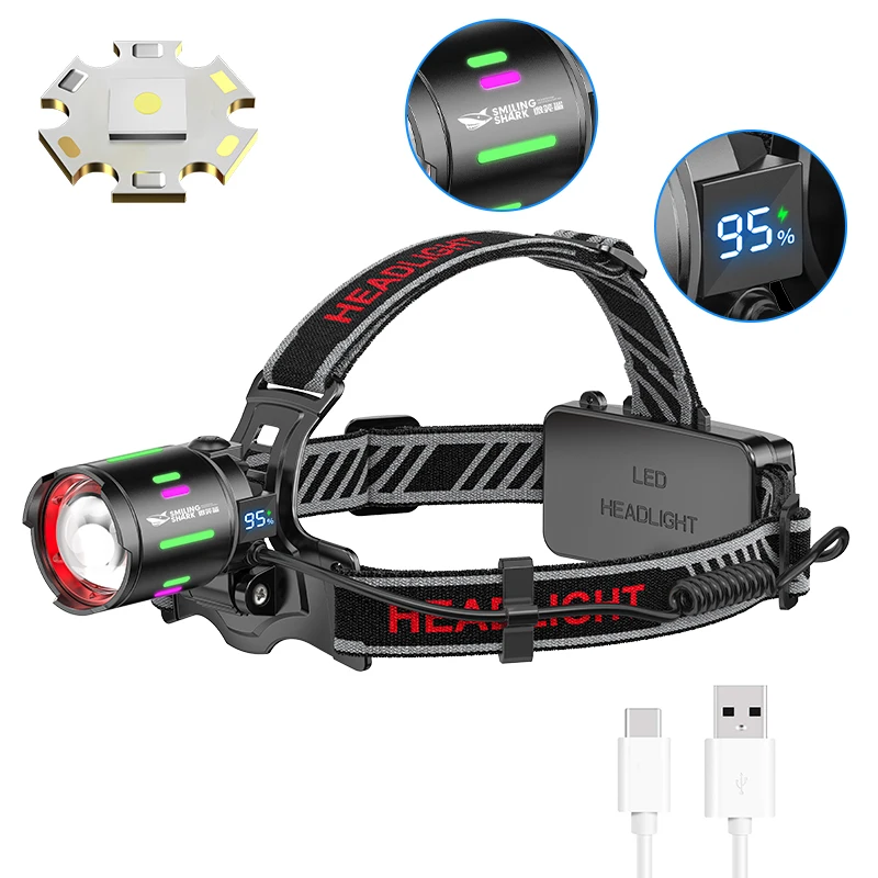 Smiling Shark TD0159 LED Rechargeable Headlight, Zoomable Sensor M60 Headlamp, with Power Display, for Outdoor Camping, Hiking