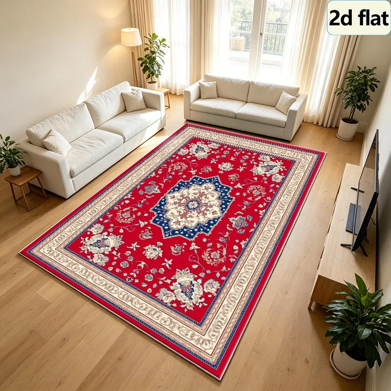 Oriental Retro Red Persian Floral Carpet Square Rug Non-Slip Washable Floor Mat Suitable for Living Room Home Decoration