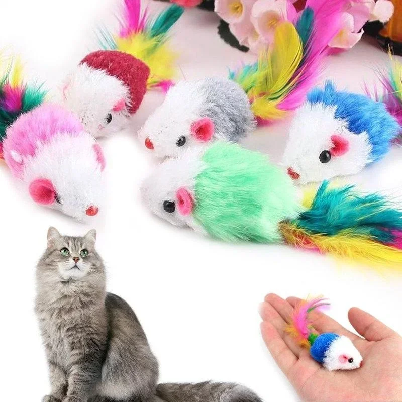 5Pcs Cat Toy Colorful Feather Funny Mouse Shape Toy Cat Kitten Interactive Toys Pet Supplies Random Color