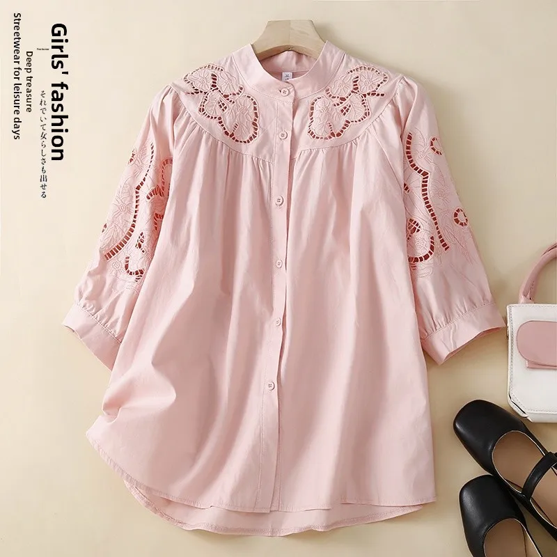 

Summer Casual Loose Women's irt Korean Sle Stand Collar Seven-Quarter Lantern Sve Embroidered Hollow out Faion Top