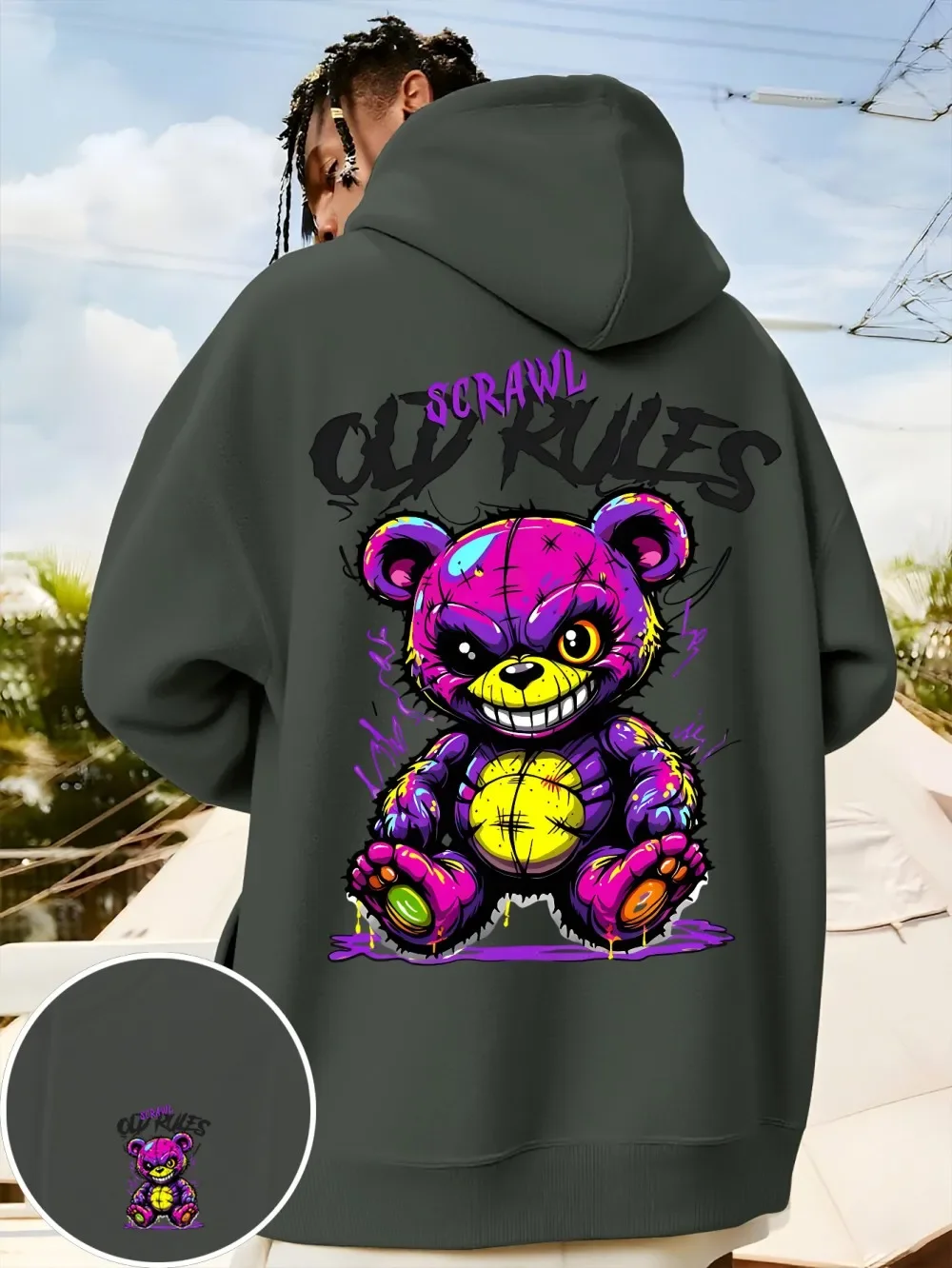 Evil Teddy Bear Hoodie, Unisex-Kapuzenpullover mit Kordelzug, Graffiti Old Rules Scrawl Bear Vorder- und Rückseiten-Print, Streetwear-Pullover – Detail 7