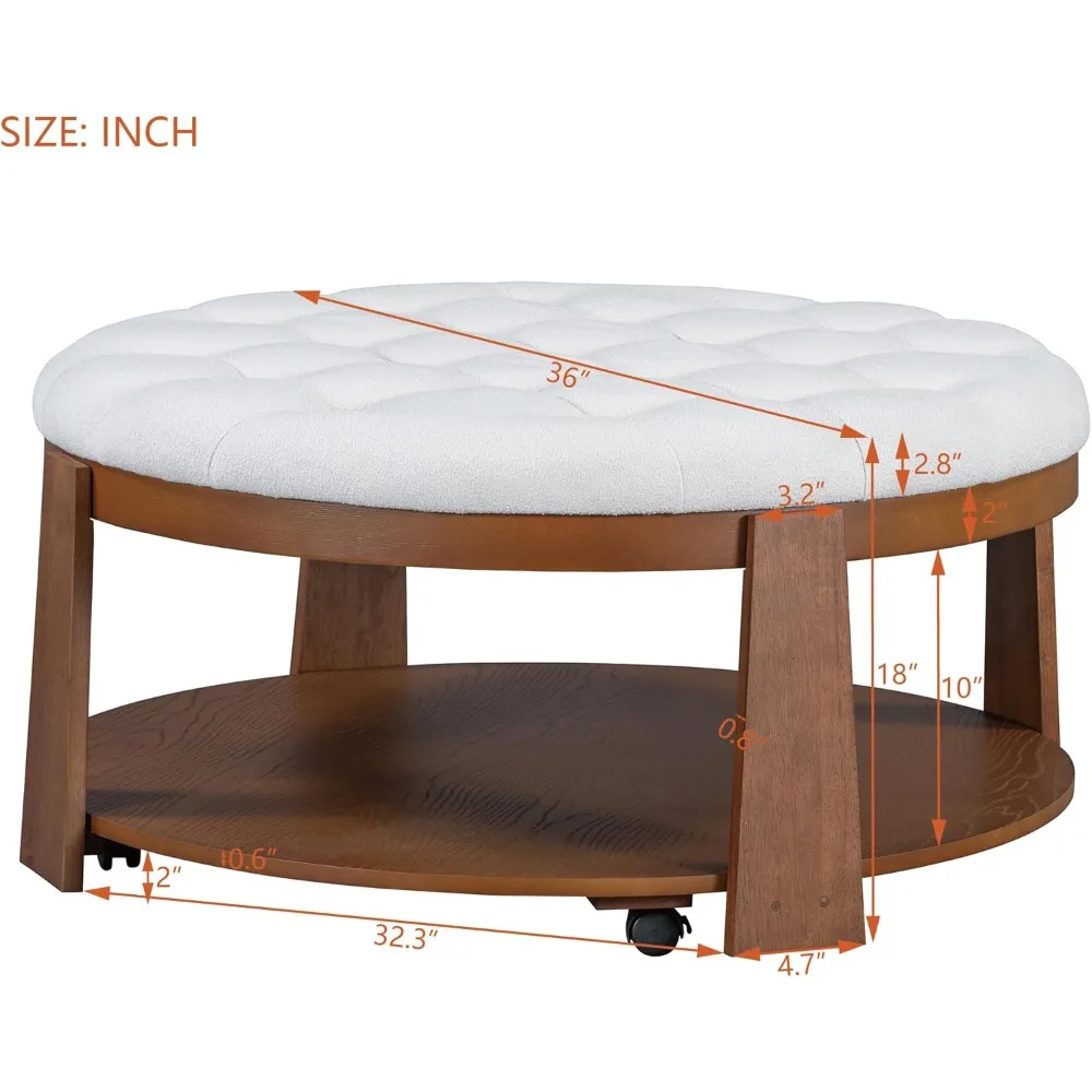 طاولة القهوة العثمانية الحديثة الكبيرة المستديرة 2-Tier المتضخم زر معنقدة العثماني مع رف خشبي تخزين طاولة القهوة المنجدة