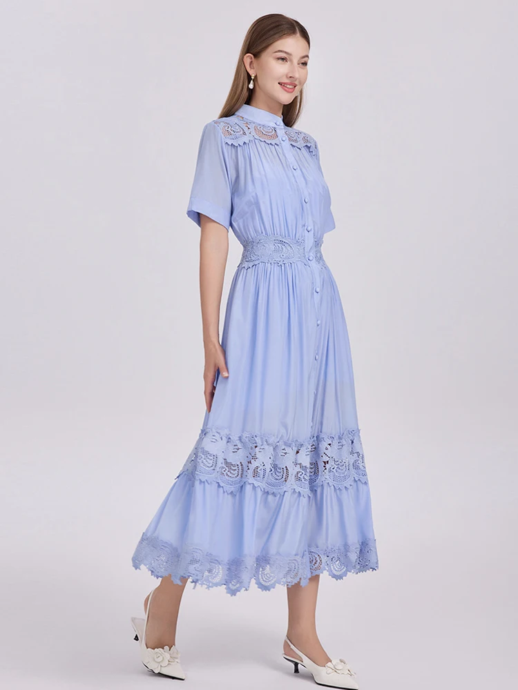 Fashion Hollow Out Lace Shirt Jurk Vrouwen 2025 Zomer Luxe Korte Mouw Vouw Midi Jurken Lady Vestidos Strand Inkeo 5D202