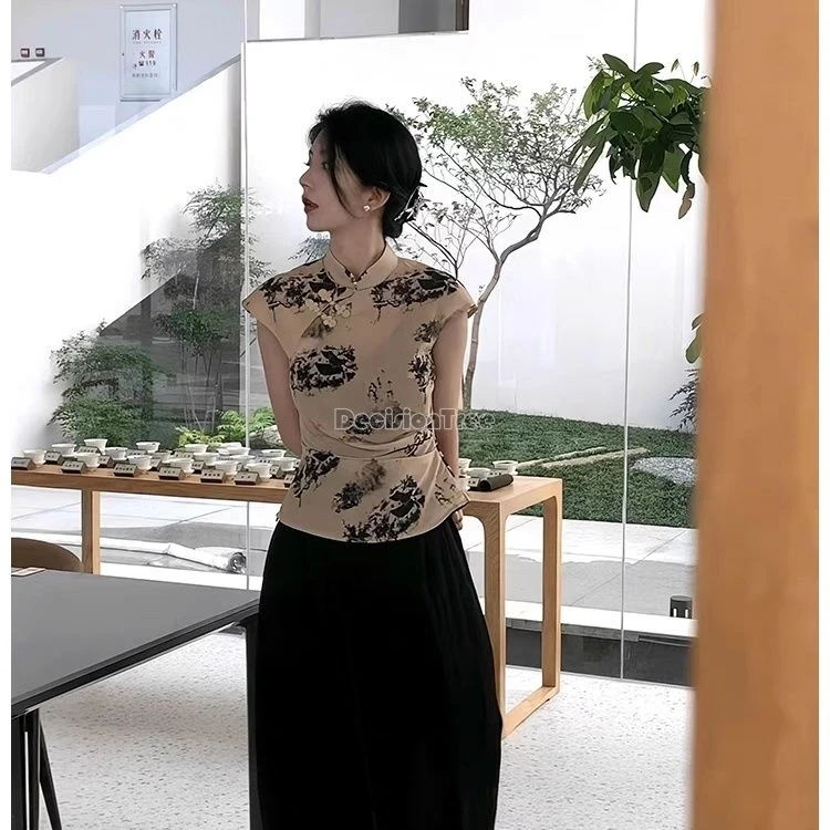 2024 new chinese style improved stand collar qipao top retro temperament elegant gentle zen top summer thin slim printing blouse