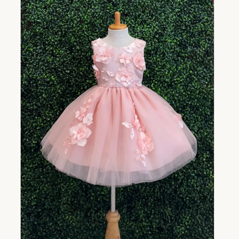 Flower Girl Dress Blush 3D Floral Layer Tulle Knee Length V-Back Wedding Summer Easter Pageant Birthday Dress