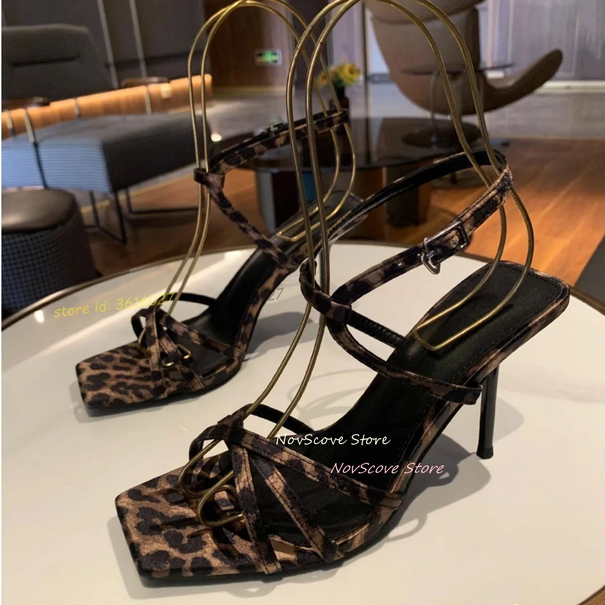 

Open Toe Leopard Sandals Strappy Stiletto High Heels Sandals Shallow Pumps Sexy Women Dress Party Daily Casual Single Shoes