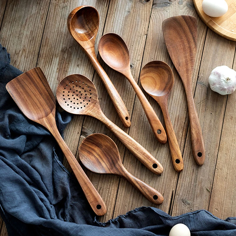 7pieces/set teak tableware spoon Colander spoon Special nano soup skimming Cooking spoon Wooden kitchen accessory kit