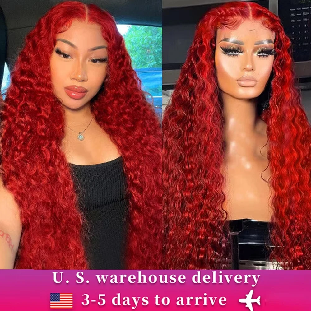 Red 13x4 Lace Frontal Wig 32 Inch Long Deep Wave Pre Plucked with Baby Hair Glueless Transparent Lace Hot Red Color Human Hair