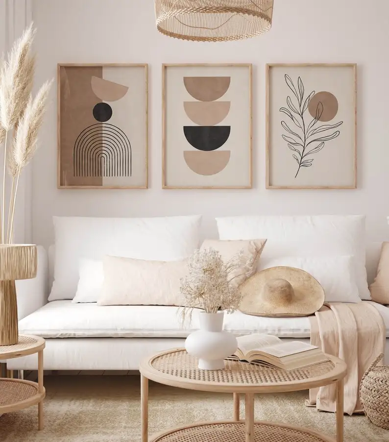 3pcs frameless Canvas Painting  Neutral Beige Black Line Art Arch Geometric Canvas Print Mid-century Modern Bohemian Flowers Wal