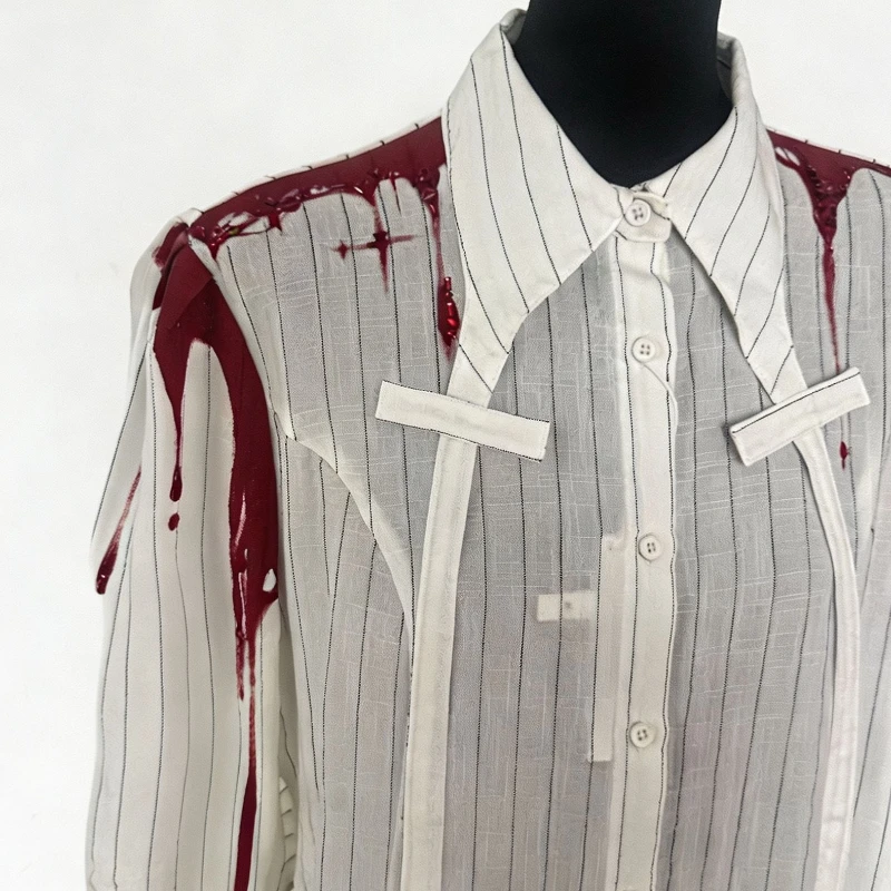 2026 New Gothic Punk Y2K Harajuku Women Blood Print Rhinestone Striped Long Shirt, Irregular Split Lapel Dark Style Blouse