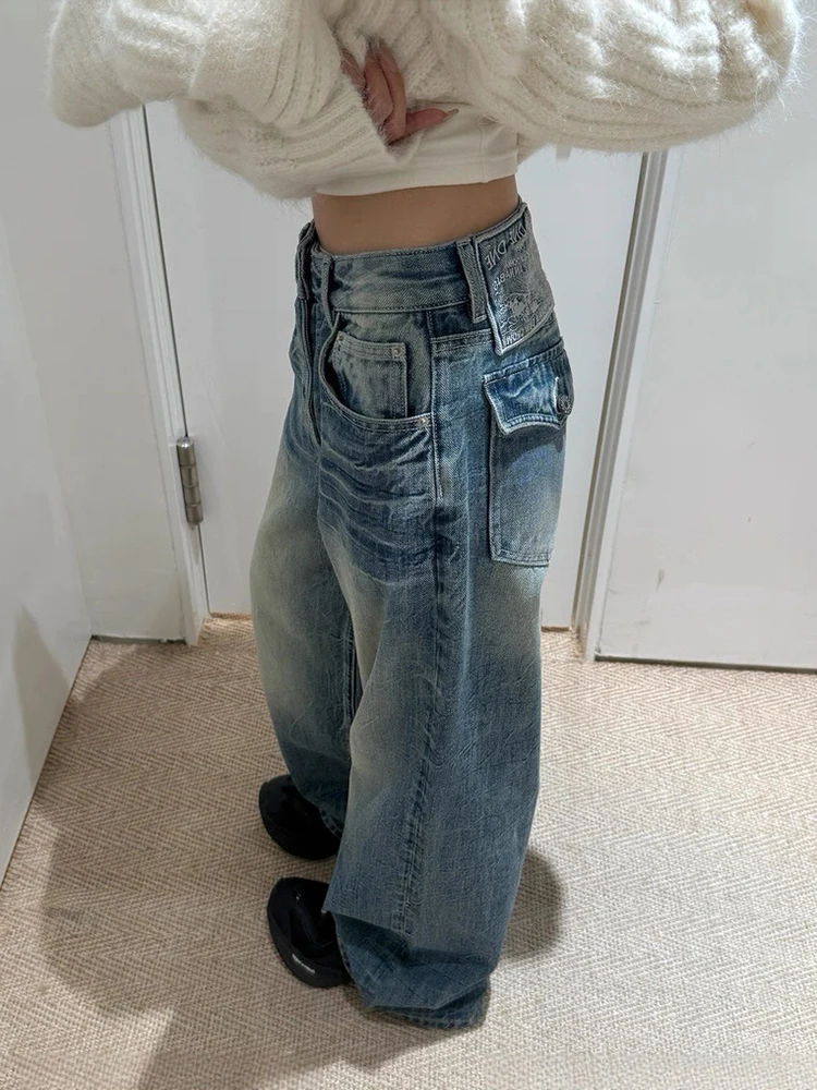 Mueyaruho 2026 봄 여름 여성 청바지 아메리칸 워시드 로우 웨이스트 루즈핏 스트레이트 데님 팬츠 여성용