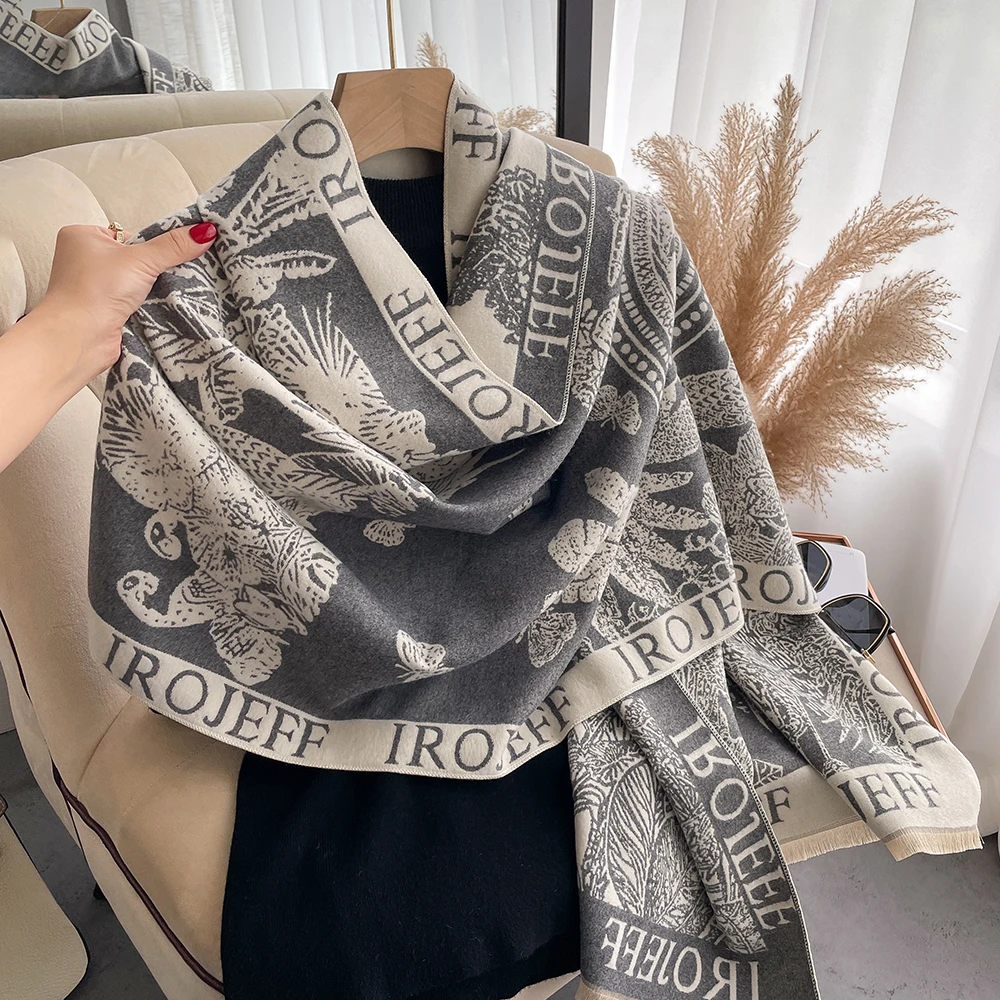 New Luxury Winter Rose Two-Sided Cashmere Jacquard Scarves High Quality Women Thicken Wrap Shawl Ladies Wool Pashmina Scarf