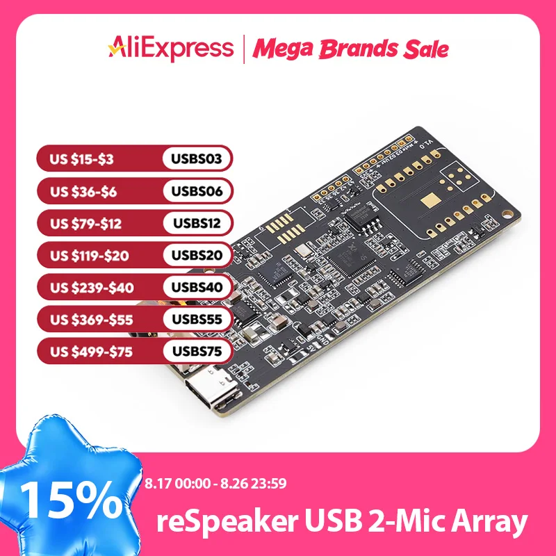 ESPHome Assistant ReSpeaker Lite Kit-USB 2 Mic Array, AI ASR Algorithms, Compatible with XIAO ESP32S3 (Sense), Raspberry Pi