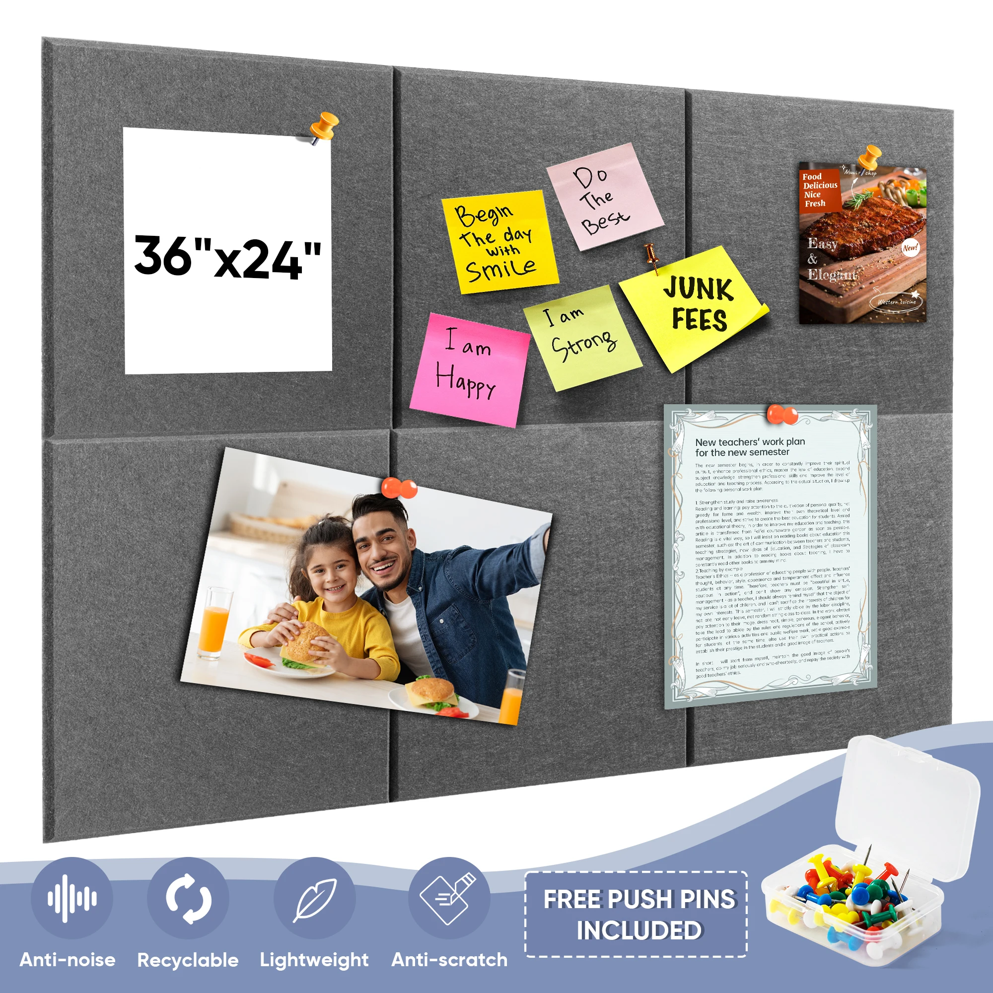 Deli 6-Pack Grey Felt Cork Board Tiles, Customizable Wall Memo Board,Includes Pins for Office, Home Kitchen