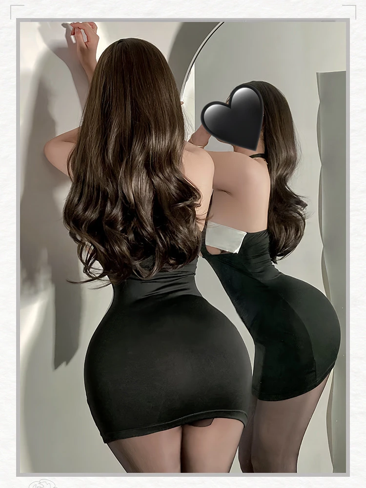Secretary Cosplay Roleplay Bowtie Open Chest Halter Dress Women Office Lady Sexy Lingerie Uniform Night Clubwear