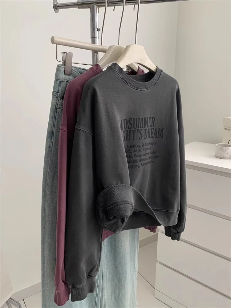 Washed Worn Letter Sweatshirt Women\'s Cotton Korean Autumn Loose Round Neck Pullover Top