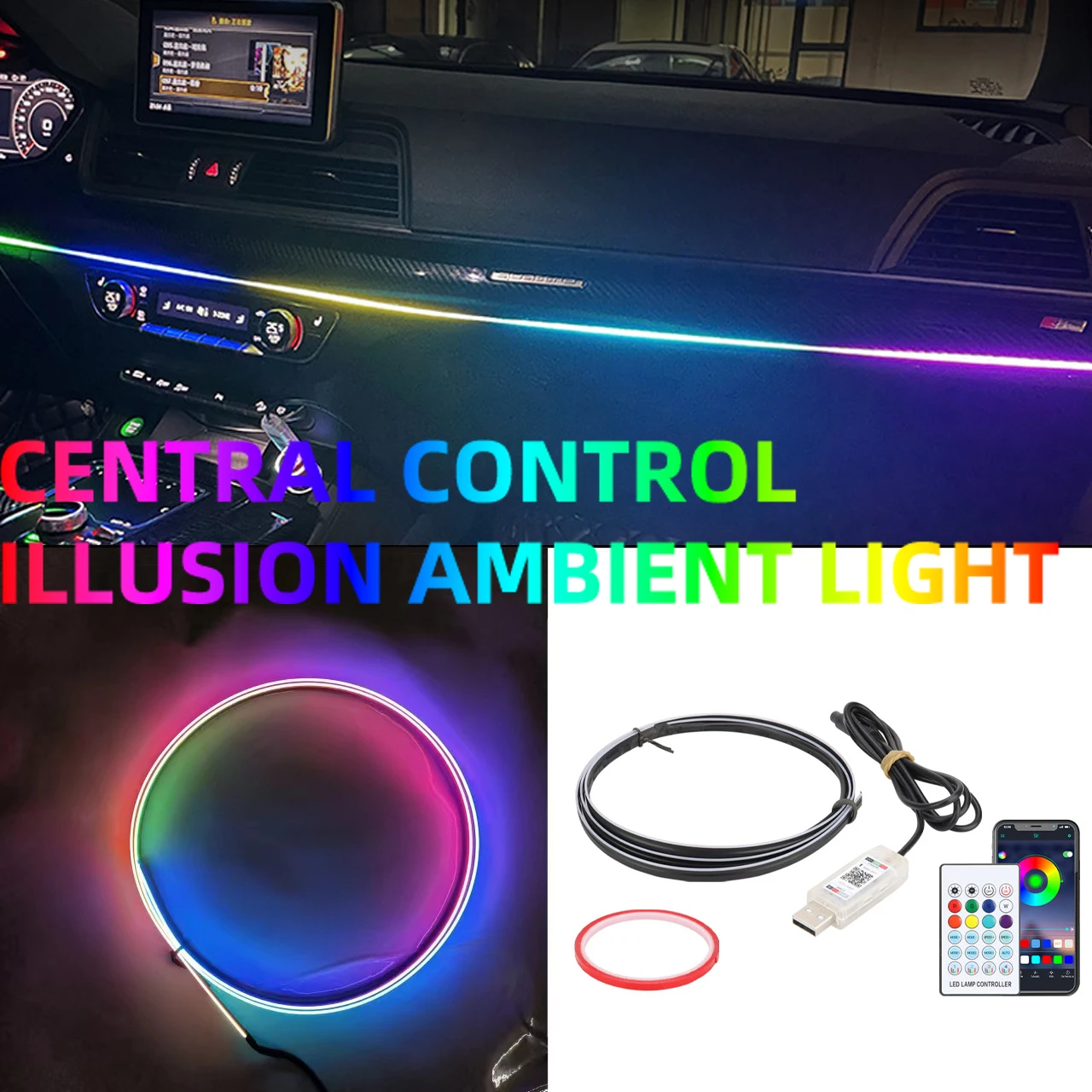 2in1 110cm & 35cm Symphony RGB LED Strip Dashboard Instrument Desk Ambient Light Interior Car Acrylic Guide Fiber Optic Lamp USB