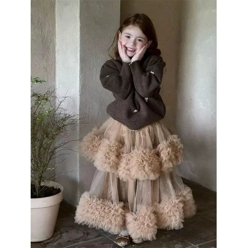 Children Elegance Clothing Winter Girls Clothes Set Fashion Pullover knit Sweater Top+Layered half-length Skirts 2Pcs Suits Kids