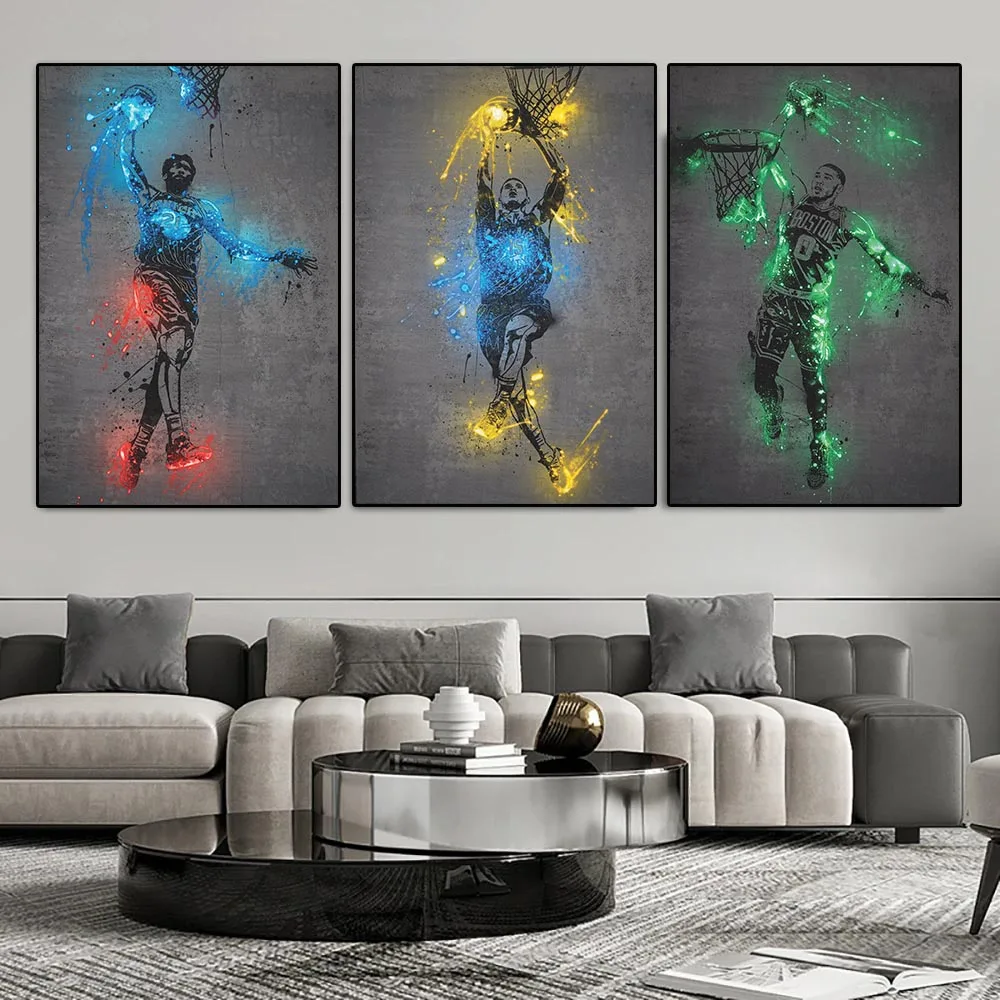 Glowing Poster Basketball Player Painting Canvas Art Neon Style Abstract Pop Wall Art Pictures Prints For Bar Home Decor