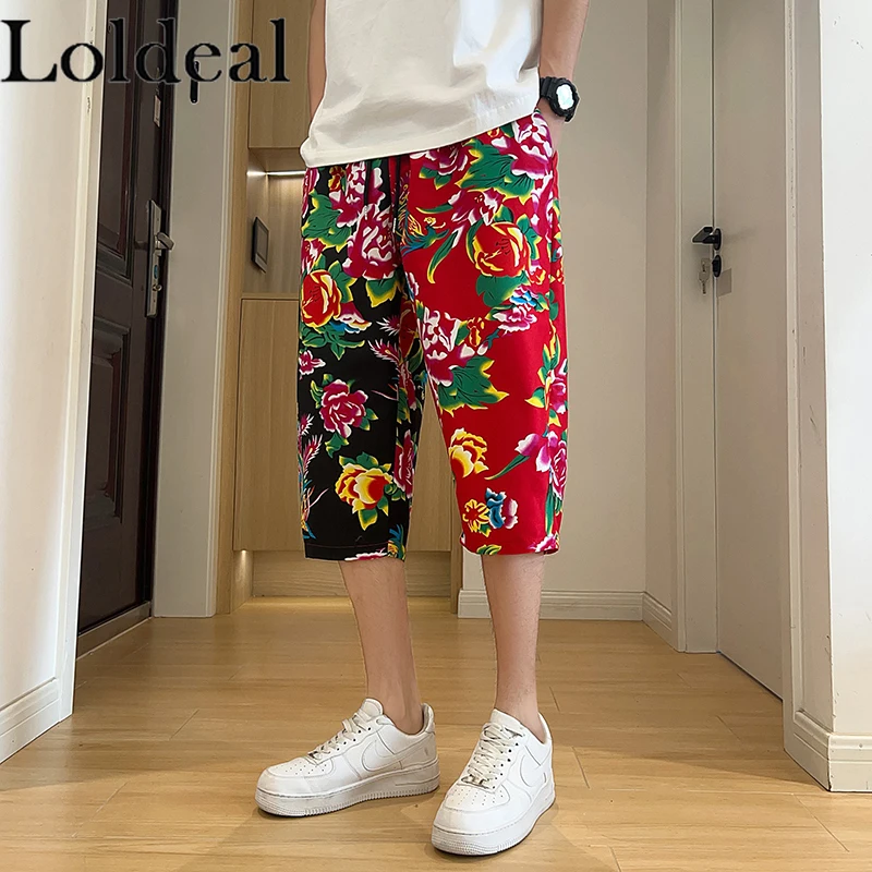 Pantalones recortados de empalme Floral grande para hombres, pantalones deportivos casuales de gran tamaño con características étnicas