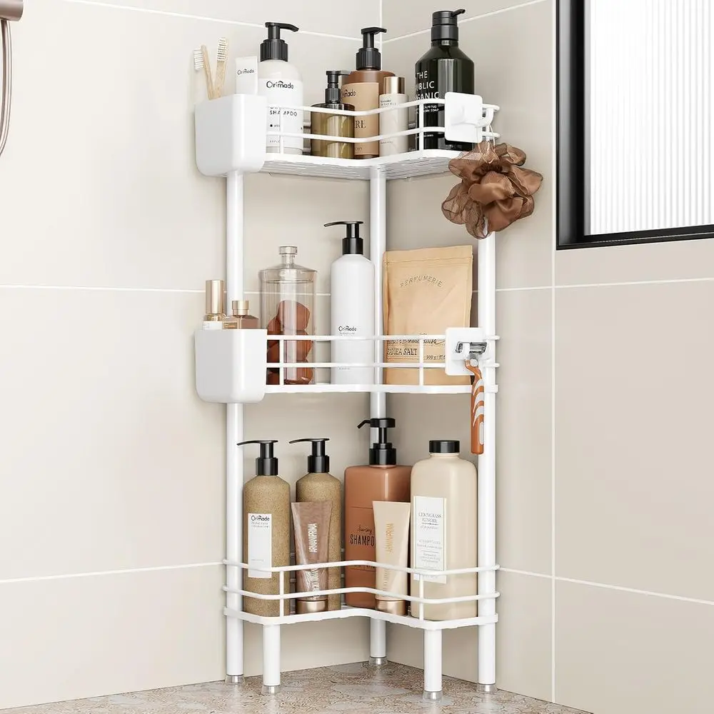 

White 3-Tier Corner Shower Caddy with Toothbrush Holder, Large Spacing Floor Rack Organizer for Bathroom and Kitchen Storage
