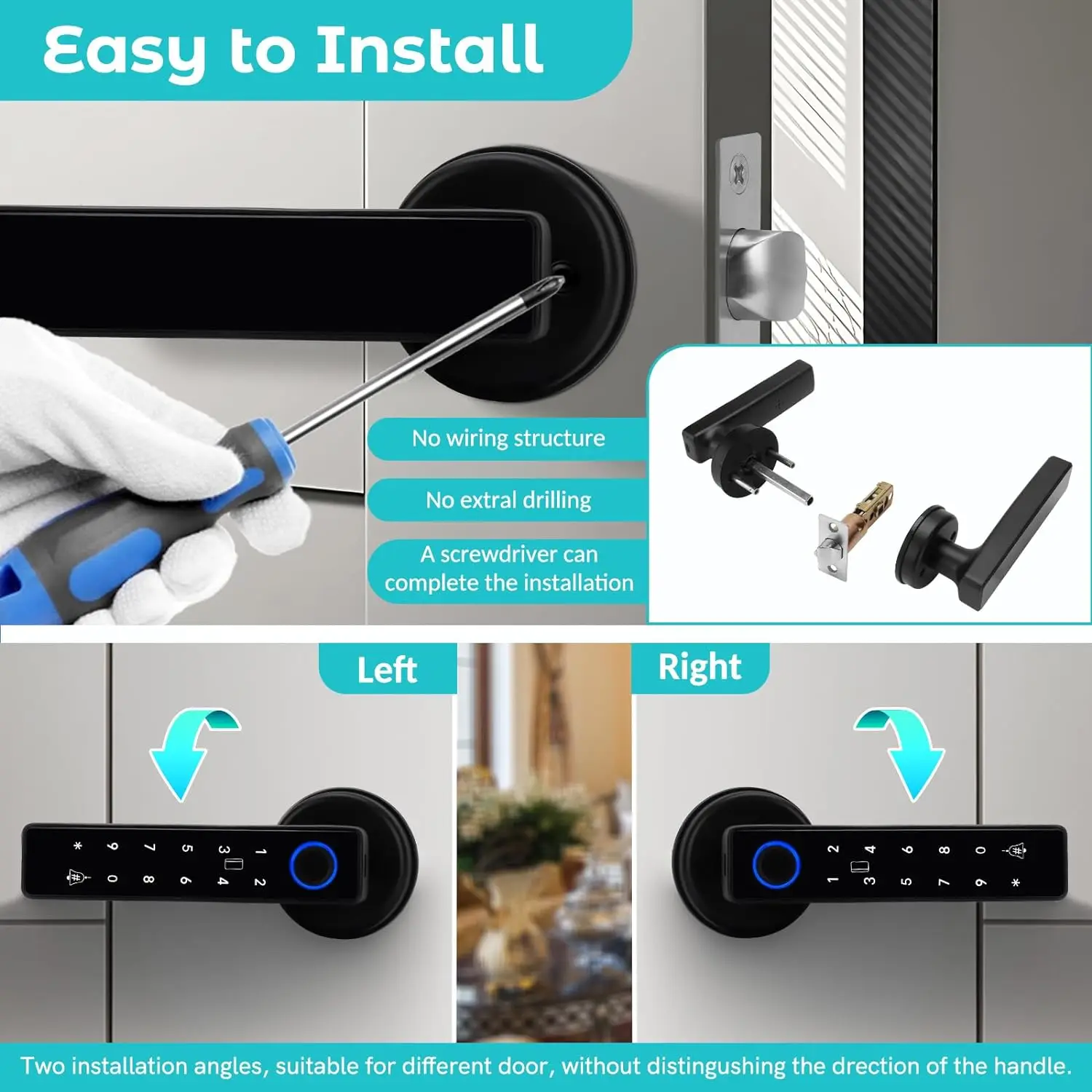 Smart Door Lock 5-in-1 Fingerprint Door Lock Handle Fingerprint Password Cards Key Unlock  Anti-Peeping Auto Lock for Left Right