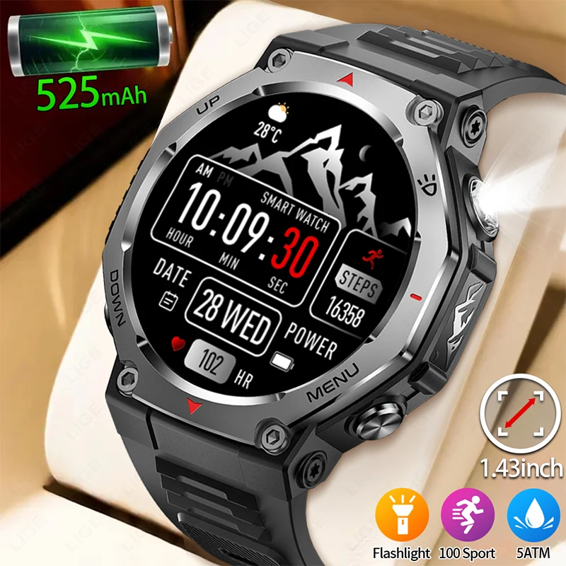 

LIGE New 1.43 inch AMOLED Screen Smart Watch 525mAh Big Battery BT Call IPX8-5ATM Waterproof Sports Health Monitoring Smartwatch
