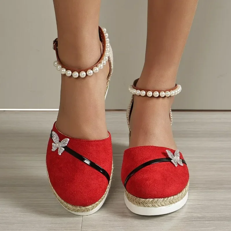 New 2024 Summer Women Butterfly Pearl Linen Plain Wedge Sandals Bohemian Ladies Casual Comfortable Espadrilles Platform Shoes image 6