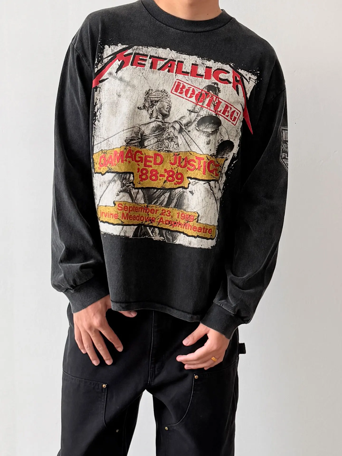 American Heavyweight Rock Band Vintage Masked Goddess Print Washed Distressed Loose High Street Long Sleeve T-Shirt Men