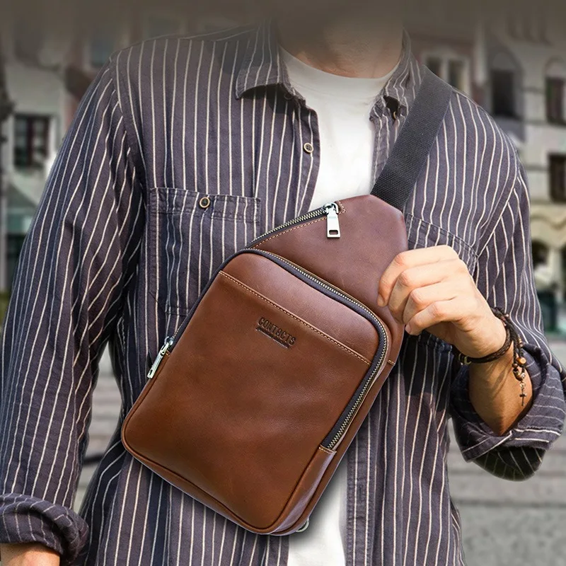 Leather Fashion Casual Men's Crossbody Bag Mini Backpack Mobile Phone Pocket Multifunctional Leather Men's Breast Bag