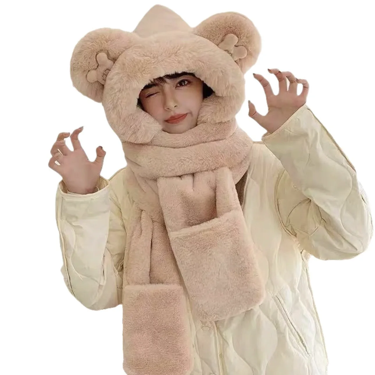 سميكة الدببة الضخمة الأذن دفئا قبعة وشاح قفازات مجموعة لطيف الحيوان نمط الخريف الشتاء الدافئة حماية قبعة ألياف البوليستر