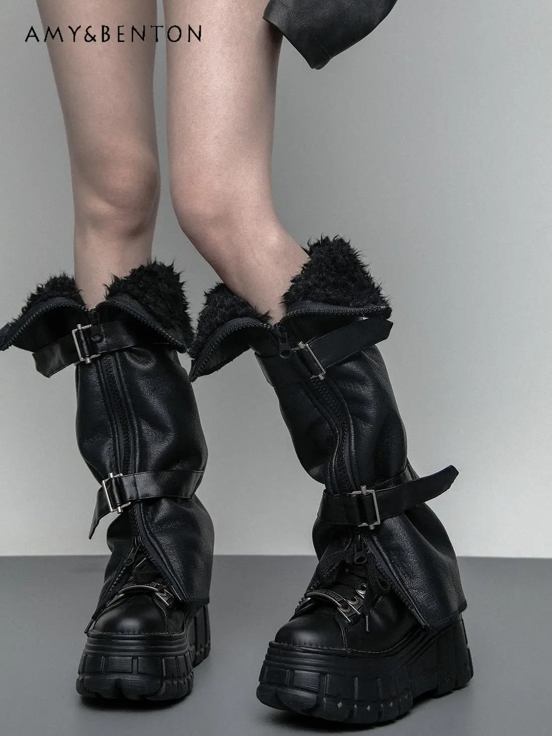 

Темный готический стиль, металлический ремешок с пряжкой, кожаная плюшевая молния, утолщенные теплые гетры с разрезом, гетры в готическом стиле для женщин