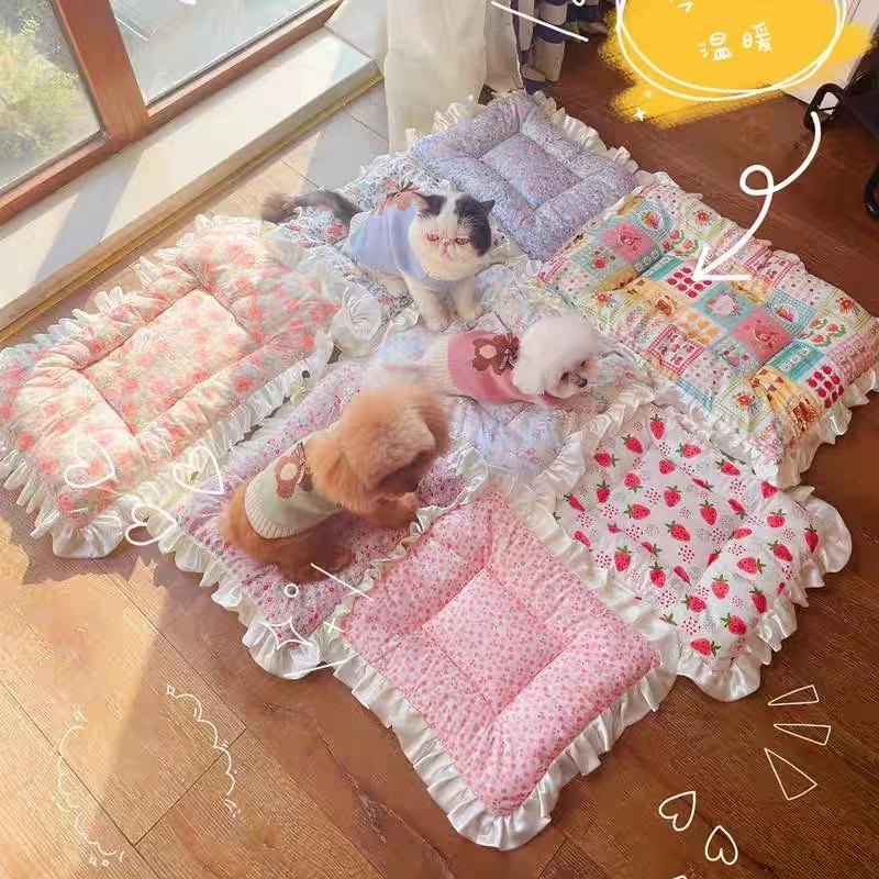 S~XL Pet Soft Mattress Lace Ice Cushion Washable Small Dog Nest Pet Bed Cushion Teddy Cat Cushion Two Sides Mat Cat Bed